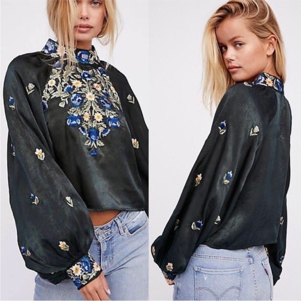 Deep Green Embroidered Free People Top XS